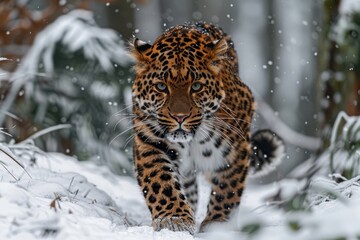 An Amur leopard stealthily moving through a snowy forest, its spotted coat providing perfect camouflage