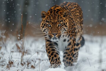An Amur leopard stealthily moving through a snowy forest, its spotted coat providing perfect camouflage