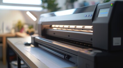 Obraz premium Large format printer in an office setting with paper being fed through it. A desk, task lamp, and potted plants are visible in the blurred background.