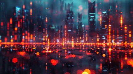 Fototapeta premium Abstract glowing big data forex candlestick chart on blurry city backdrop. Trade, technology, investment and analysis concept