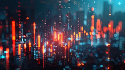 Fototapeta premium Abstract glowing big data forex candlestick chart on blurry city backdrop. Trade, technology, investment and analysis concept