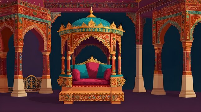 Indian Mughal Palki (Palanquin) colorful vector illustration for weeding invitation.generative.ai