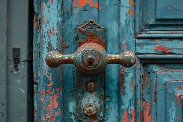 An artistic close-up of a rustic, weathered, and peeling turquoise door with an antique brass door handle, capturing the essence of vintage architecture and timeless charm