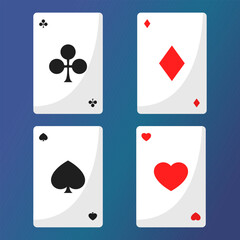 Playing cards of four suits set. Vector illustration of gaming icons. Heart, spade, diamond and club. Red and black symbols.