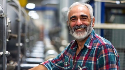 Fototapeta premium Smiling senior man with gray beard and plaid shirt working in a modern industrial factory setting, looking directly at the camera with a happy expression