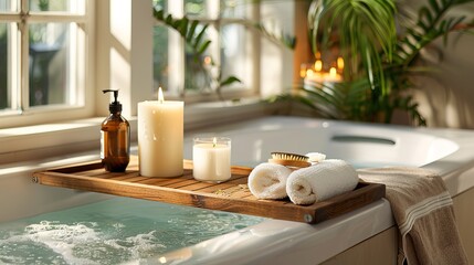 Wooden bath tray with candle and bathroom amenities on tub indoors