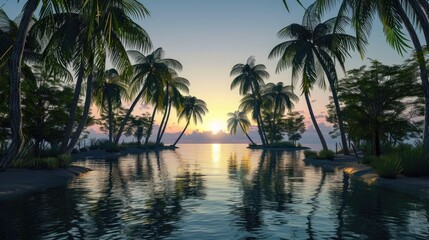 A peaceful sunset over a secluded lagoon surrounded by palm trees