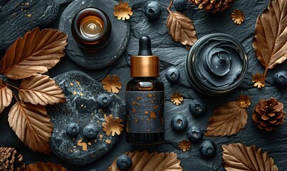 face skin care beauty products set luxury black obsidian facial massage roller guasha serum essential oil cream,golden branches on stone table