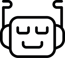 Simple smiling chatbot head with raised arms, designed in a clean outline style