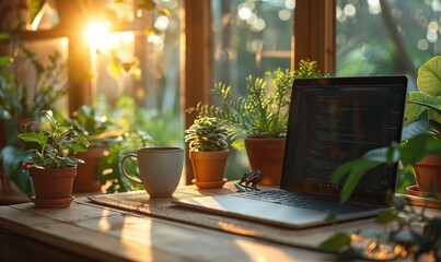 digital tablet,blank screen mockup pen cup of coffee plant on home office desk table aesthetic feminine workspace in sunlights