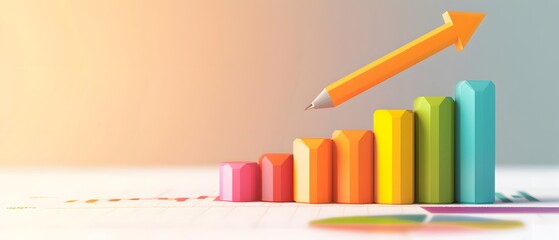 Obraz premium Colorful bar graph with an orange pencil pointing upwards.