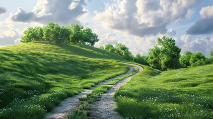A road on a green hill cliff with a background of sky and white clouds