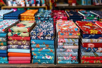 Stacks of fabric books with floral patterns, displayed on a wooden table