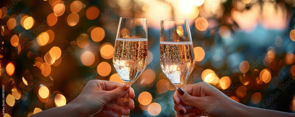 Wall mural Two hands holding glasses of sparkling champagne in a celebratory toast with a bokeh background of golden lights during a festive occasion