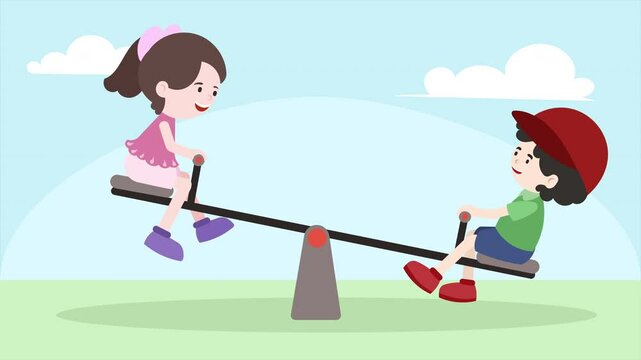 Cheerful cartoon boy and girl characters playing on a sesaw in a playground. Childhood activities and friendship concepts. Perfect for  educational materials, playful graphic designs. Loop animation.
