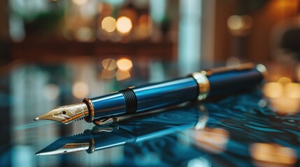 A striking image of a luxurious blue fountain pen with a gold nib, resting on a reflective glass surface with a blurred background of warm lights