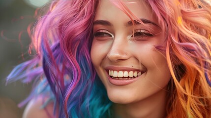 Naklejka premium Close up of happy young woman with colorful hair. Generate AI image