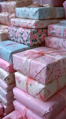 A close-up view of a stack of gifts wrapped in various pastel pink and blue patterns