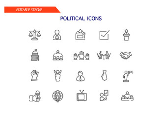 Politics. Political activity. Elections. Editable linear icons. A vector image. Political icons.
