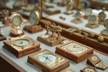 Antique maritime navigation tools are displayed on a table in a museum or exhibition