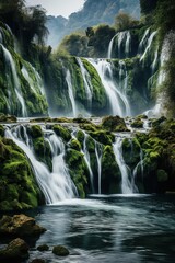 Obraz premium Multiple waterfalls cascade down moss-covered rocks in a serene jungle environment