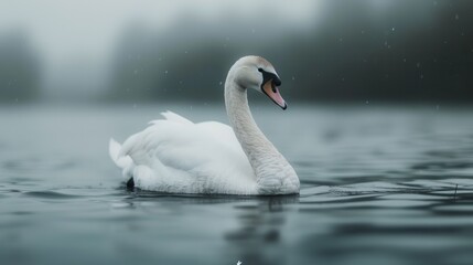 Fototapeta premium A solitary swan swimming gracefully on a peaceful lake, with calm water and a blurred misty background, creating a serene and tranquil scene.
