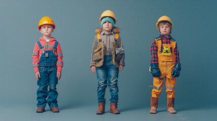 Naklejka premium boys in construction suits, concept of children in the profession on a blue background in full growth