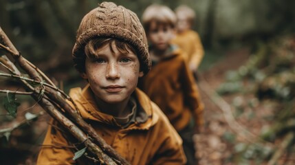 Obraz premium A young boy in a knitted cap leads a group of friends through a forest, exploring and embodying the spirit of adventure, curiosity, and childhood camaraderie amidst nature.