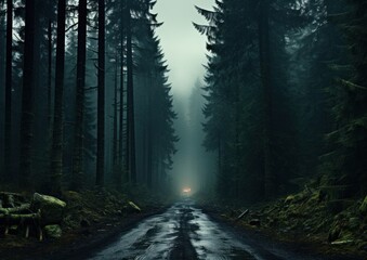 Obraz premium A foggy road winds through a dark forest