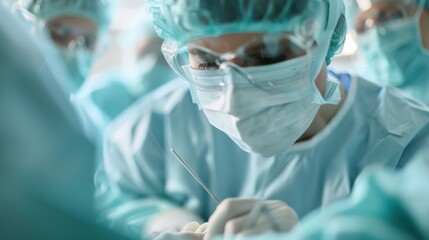 This image shows surgeons in a sterile environment deeply focused during an operation. The blue and green attire enhances the serious medical procedural atmosphere.