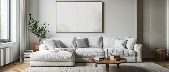 Mockup s frame in white and wooden room with white corner sofa on grey carpet, parquet floor Coffee table with books, side view Plant near window with curtains, ing
