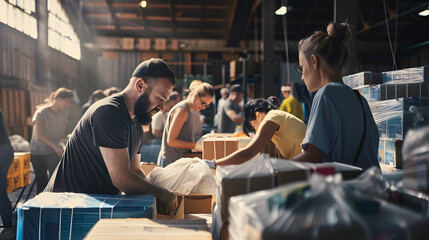 Team of volunteers working in charity donation center to the victims, humanitarian concept.