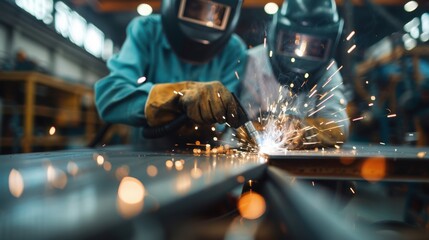 A dynamic image featuring two welders working together, sparks flying as they weld metal, capturing the intensity and collaboration of industrial labor.