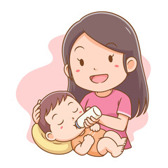 Vector illustration of mother feeding baby a bottle of milk. Happy Mother's Day.