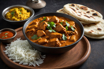 Flavorful Indian curry with basmati rice and naan bread is a classic and delicious meal for any occasion.