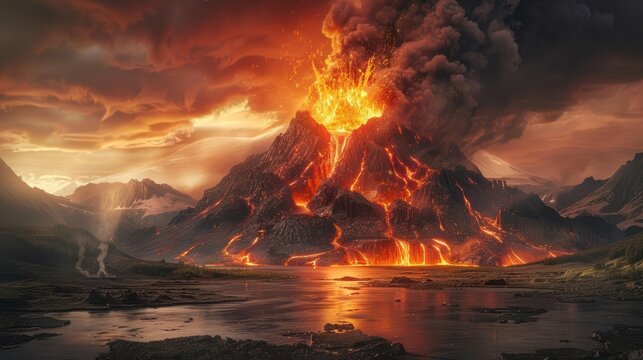 volcanic eruption otherworldy landscape, biopunk ultra realistic style
