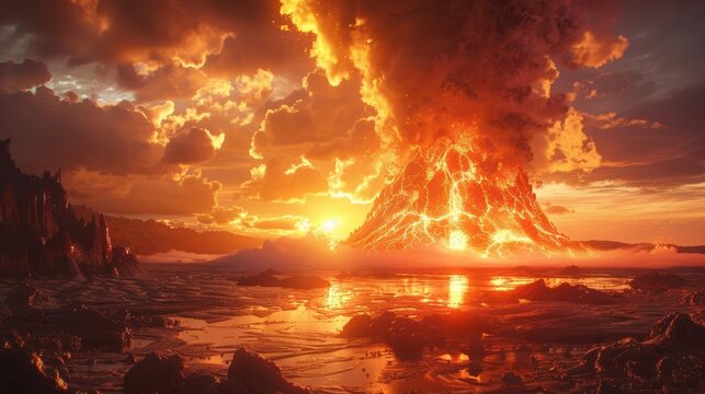 volcanic eruption otherworldy landscape, biopunk ultra realistic style