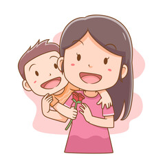Vector illustration of cute little boy giving mother a rose flower. Happy Mother's Day.