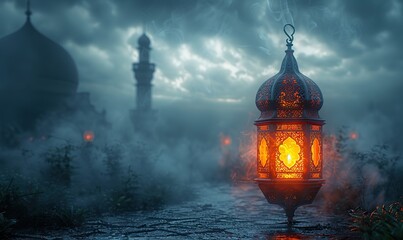 arabic lantern in shape of mosque on dark background,smoke ramadan kareem background banner