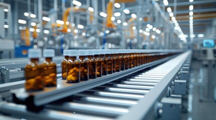 Conveyor belt production line with rows of pharmaceutical bottles in a sterile facility