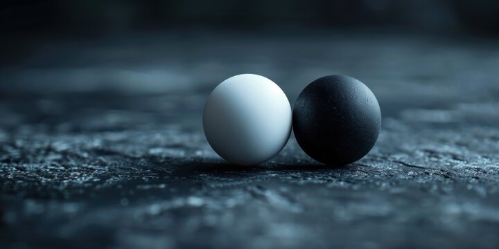 A conceptual photograph of a white ball and a black ball placed side by side on a textured surface, symbolizing contrast, balance, and duality in a minimalist and serene setting