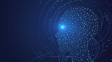 Obraz premium Abstract blue digital human head silhouette with glowing light and connected dots, representing artificial intelligence, machine learning, and global network technology concept for modern