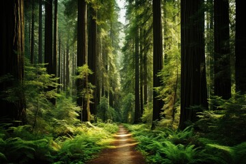 Fototapeta premium Sunlight shines through redwoods, lighting a winding forest path