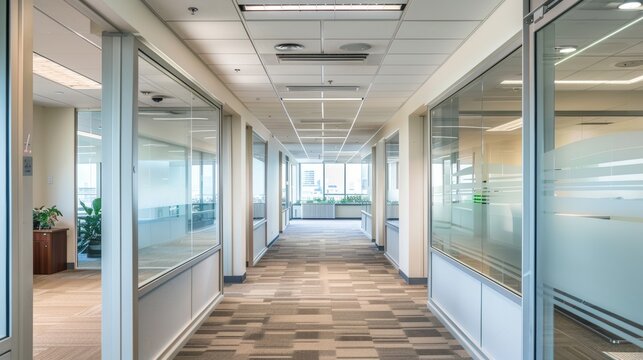 A brightly lit modern office hallway featuring glass walls, well-maintained carpeting, and a distant view of an urban cityscape through large windows
