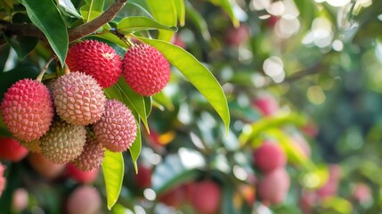 A cluster of ripe and unripe lychee fruits hanging from a tree branch with vibrant green leaves and a natural bokeh background.