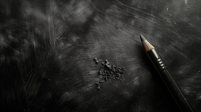 Close-up of a black pencil with graphite shavings on a scratched black surface. Generative AI