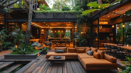 Fototapeta premium Luxurious modern outdoor living space with elegant furniture, surrounded by lush greenery, featuring an open layout connecting to a stunning indoor dining area