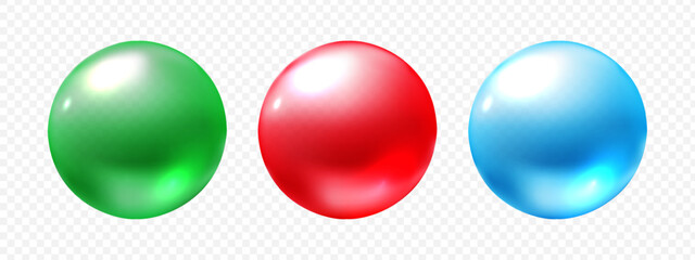 Bright transparent sphere set. Gel collagen orbs, vitamins, serum or crystal balls. Realistic style. Vector Illustration.