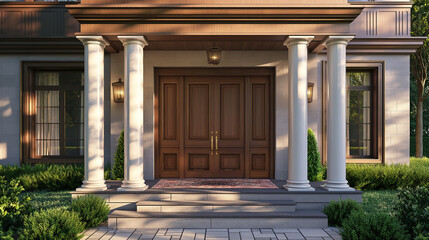 Naklejka premium Elegant Colonial style house entrance with wooden double doors and white pillars. Generative AI