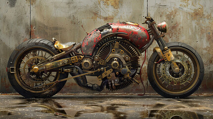 motorcycle, bicycle, bike, vintage background, products, enginer, generative, ai, steampunk, clock background, mechanical, pink, gold, gear, clock, movement, old, illustration, motorbike, motor, speed